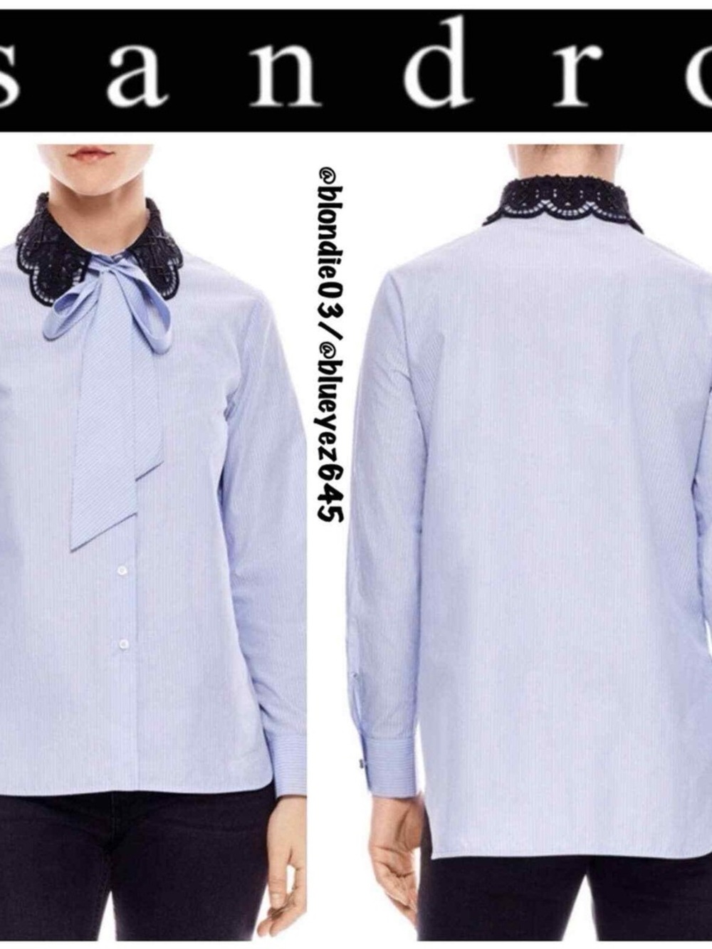 Sandro Light Blue Pinstripe Shirt with Black Embellished Collar